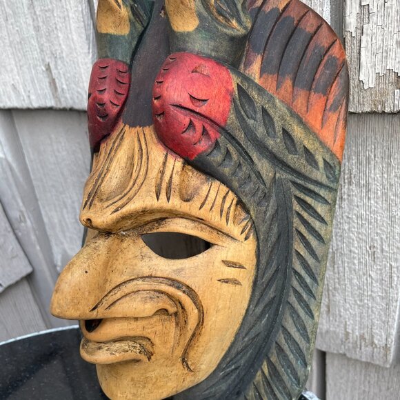 Warrior Chief Totem South American Face Mask Hand Carved Wooden Painted - Picture 4 of 7